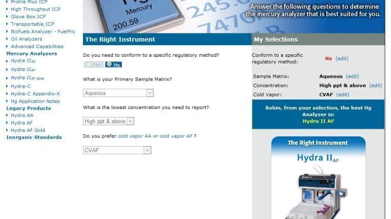 Web-based Selector Tool for Mercury Analysers