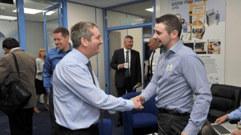 Dave Walker (left), commercial director at Detectronic, welcomes Niall Quinlan from Urban Water Engineering