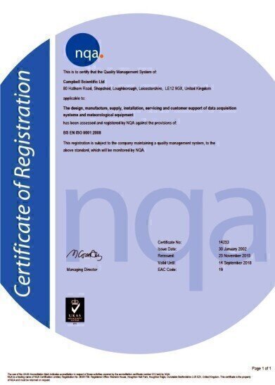 Campbell Scientific Accredited with ISO 14001:2005 Environmental Management Standard
