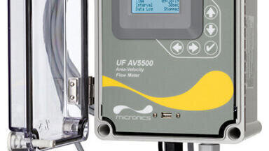 New open channel or partially filled pipe flow meter measures velocity and level to calculate flow