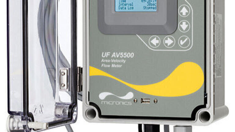 New open channel or partially filled pipe flow meter measures velocity and level to calculate flow