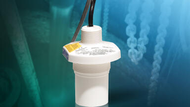 Ultrasonic transducer measures liquid levels in corrosive atmospheres
