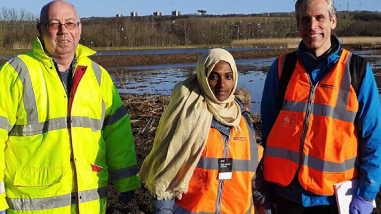 Pictured L-R: Adrian Blackburn, Jemila Mohammed and Prof David Werner collecting water samples at Birtley Sewage Treatment works