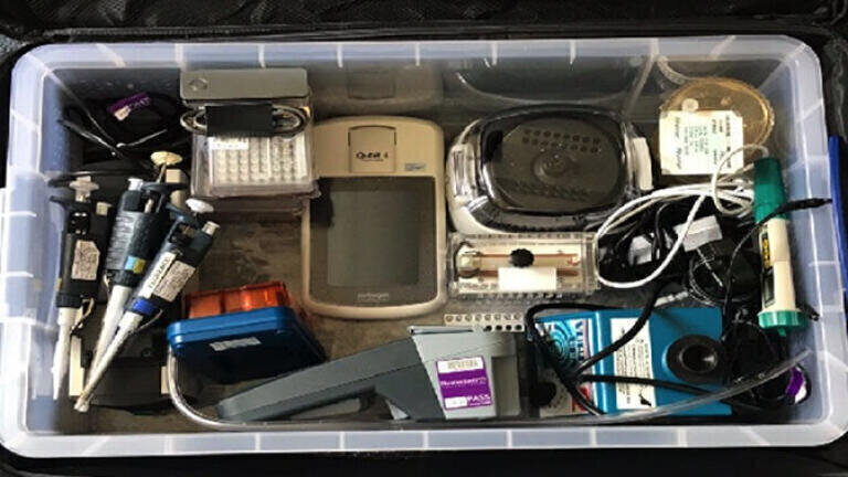 All the items in the lab kit easily fit into a suitcase to make it portable