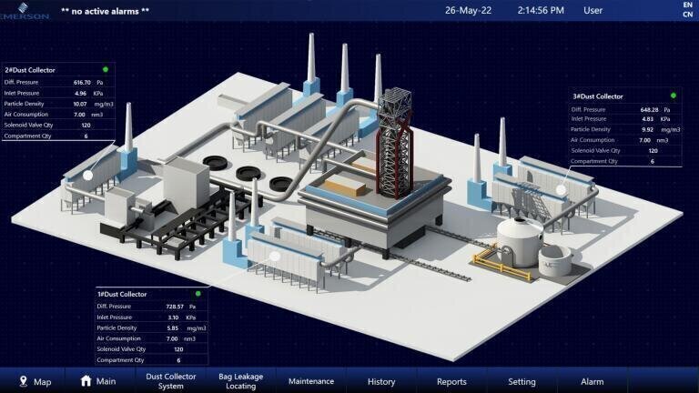 A critical sustainability tool, Movicon.NExT HMI/SCADA provides advanced analytics and visibility for connected devices and equipment across a plant. The highly modular and scalable platform can monitor dust collector systems and locate bag leakage in facilities. (Image courtesy of Emerson)
