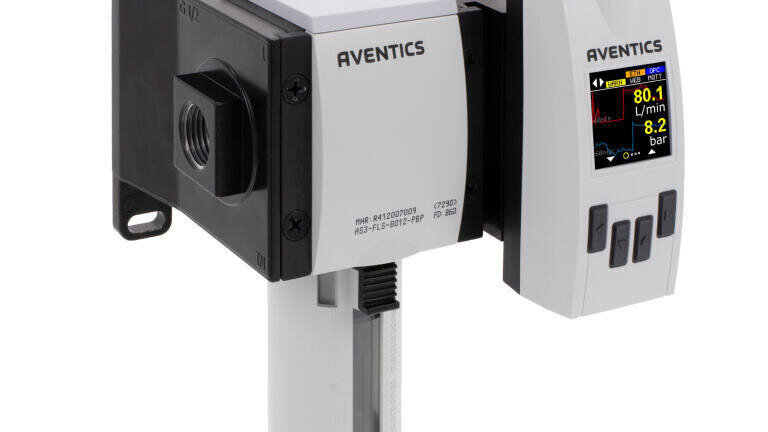 The AVENTICS™ Series AF2 Flow Sensor monitors air consumption in pneumatic systems, which can help operators identify leaks before they result in machine downtime. (Image courtesy of Emerson)