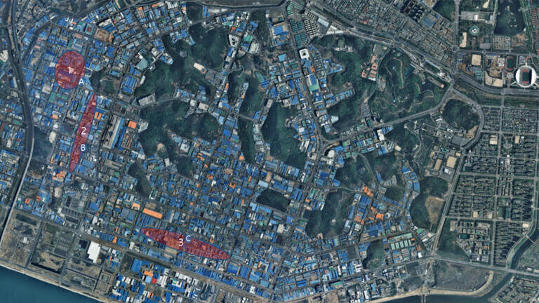 Figure 3. Areas 1, 2, and 3 – with suspected higher concentrations of VOC pollutants – were monitored using a fenceline approach. Drones sampled sources at points A, B, and C (Shin et al. (2020)). Used with permission.
